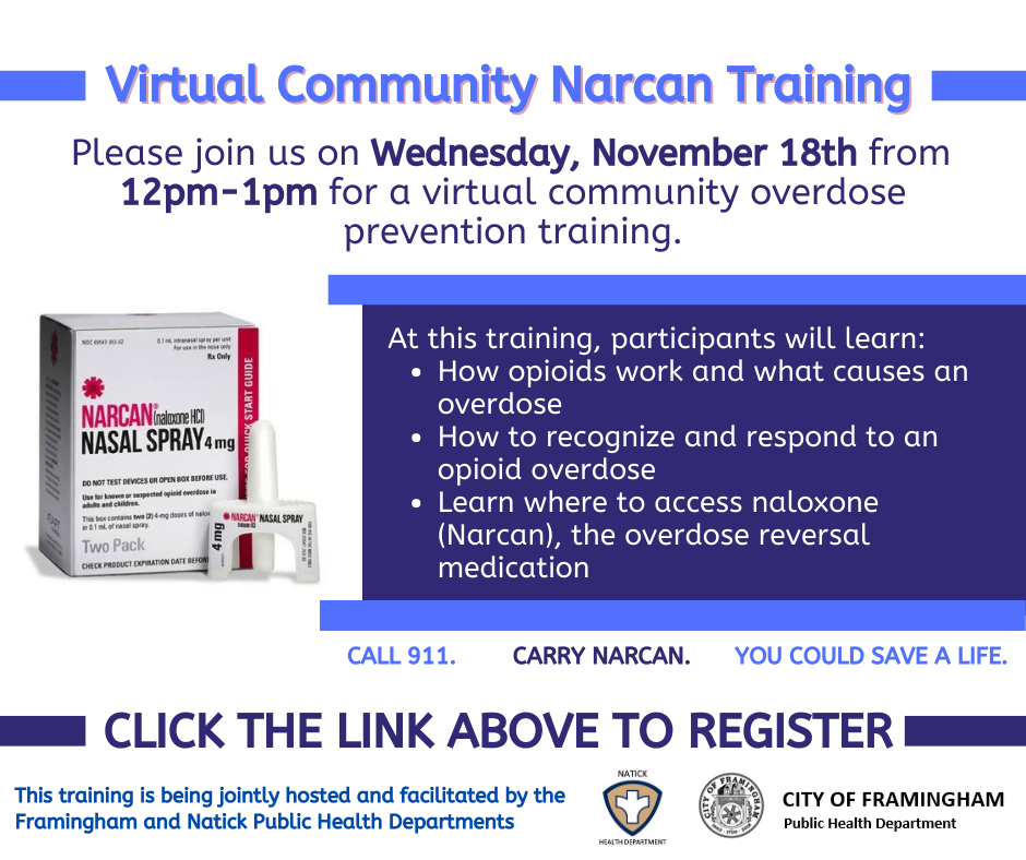 Virtual Community Narcan Training, Wednesday, November 18, 12pm-1pm