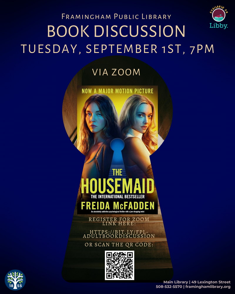 Main Library Book Discussion: The Housemaid by Freida McFadden thumbnail Photo