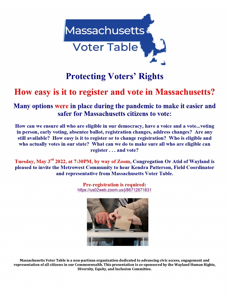 Massachusetts Voter Table Presents:  Protecting Voters’ Rights thumbnail Photo