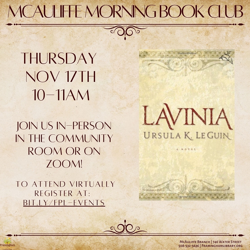 McAuliffe Morning Book Club: “Lavinia” by  Ursula K. Le Guin thumbnail Photo