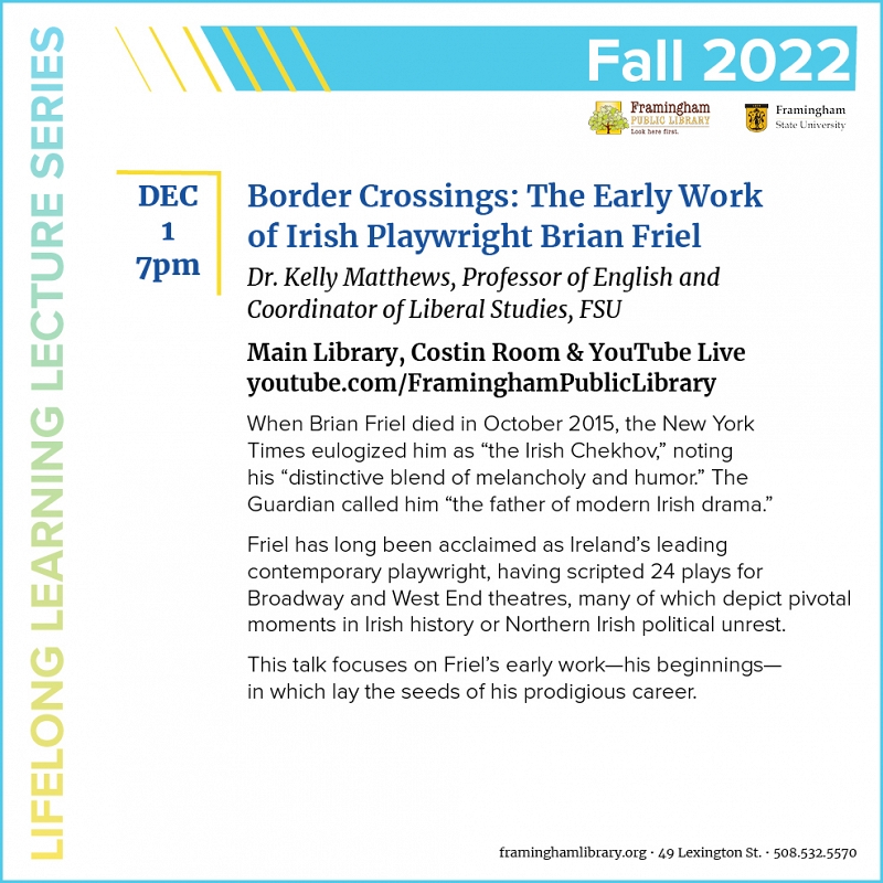 Lifelong Learning Lecture Series: Border Crossings: The Early Work of Irish Playwright Brian Friel thumbnail Photo