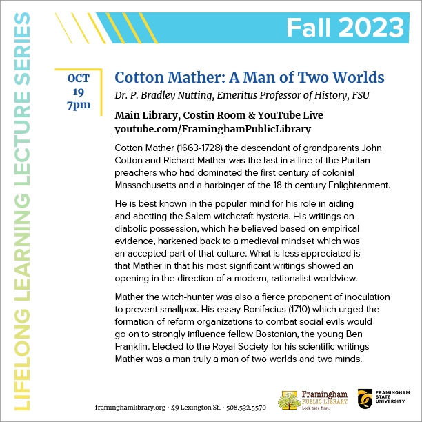 Lifelong Learning Lecture Series: Cotton Mather: A Man of Two Worlds thumbnail Photo