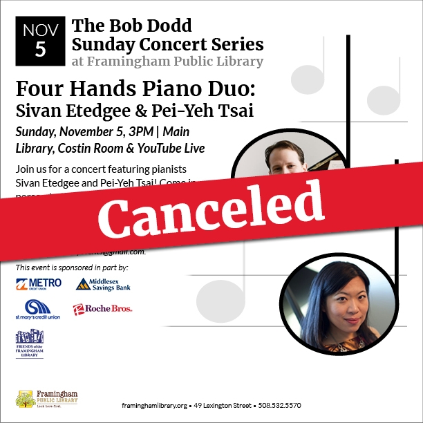 * CANCELED * Bob Dodd Sunday Concert Series: Four Hands Piano Duo: Sivan Etedgee & Pei-Yeh Tsai thumbnail Photo