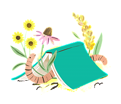 Book worm beneath an open book surrounded by flowers.