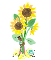 Person holding oversized sunflowers