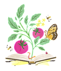 Book with a book word and tomatoes.