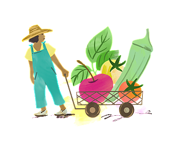 Woman pulling a cart of oversized fruits and vegetables.