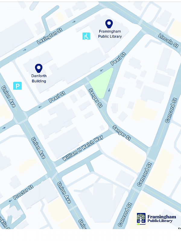 Map showing streets and parking areas near and around the Main Library.