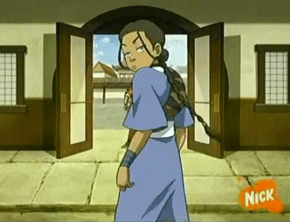 Gif of two water tribe characters Sokka and Katara walking out of a building.