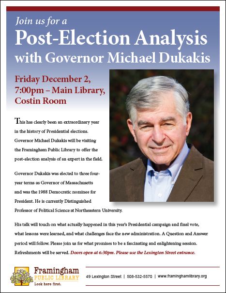 Post-Election Analysis with Governor Michael Dukakis thumbnail Photo