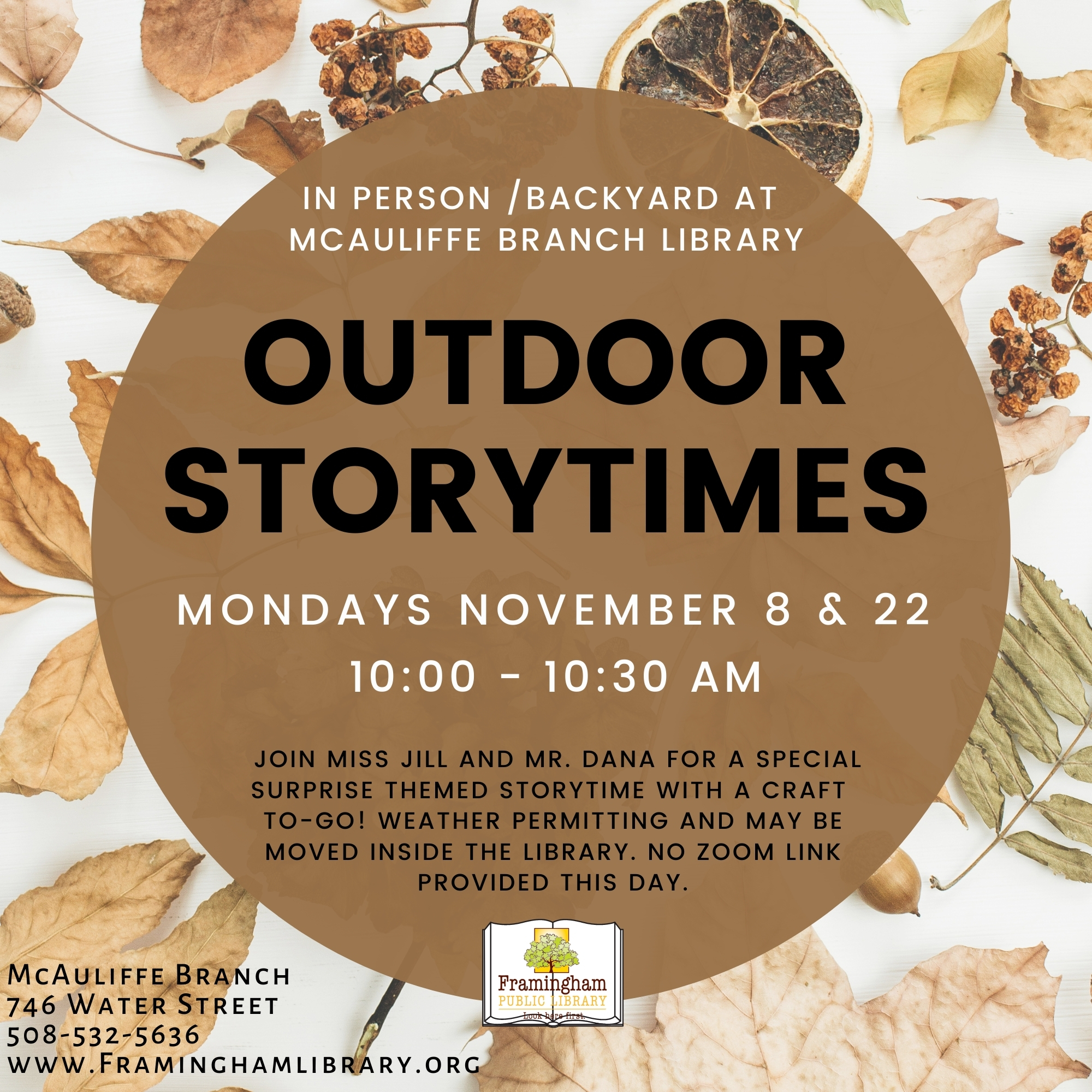 Outdoor Storytime with Miss Jill and Mr. Dana (MON. NOV 22 IS MOVED INDOORS) thumbnail Photo