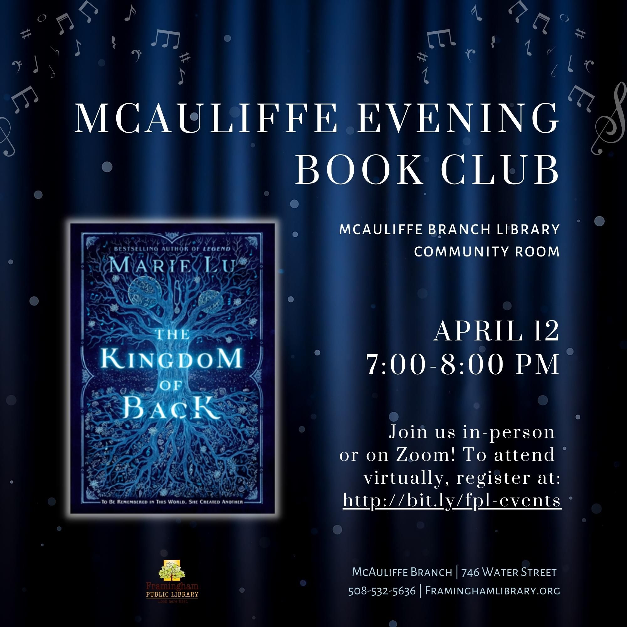 McAuliffe Evening Book Club: The Kingdom of Back by Marie Lu thumbnail Photo