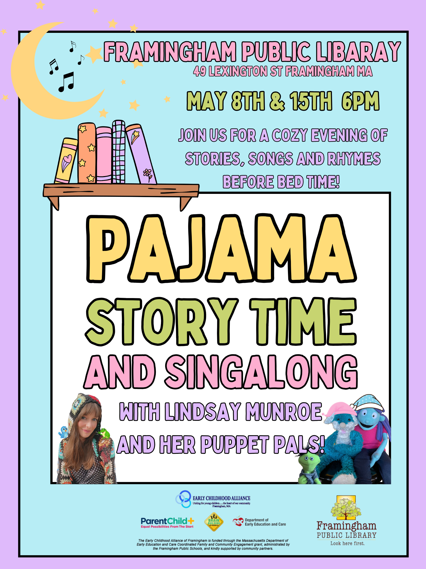 Pajama Storytime and Singalong with Lindsay Munroe and her Puppet Pals! thumbnail Photo