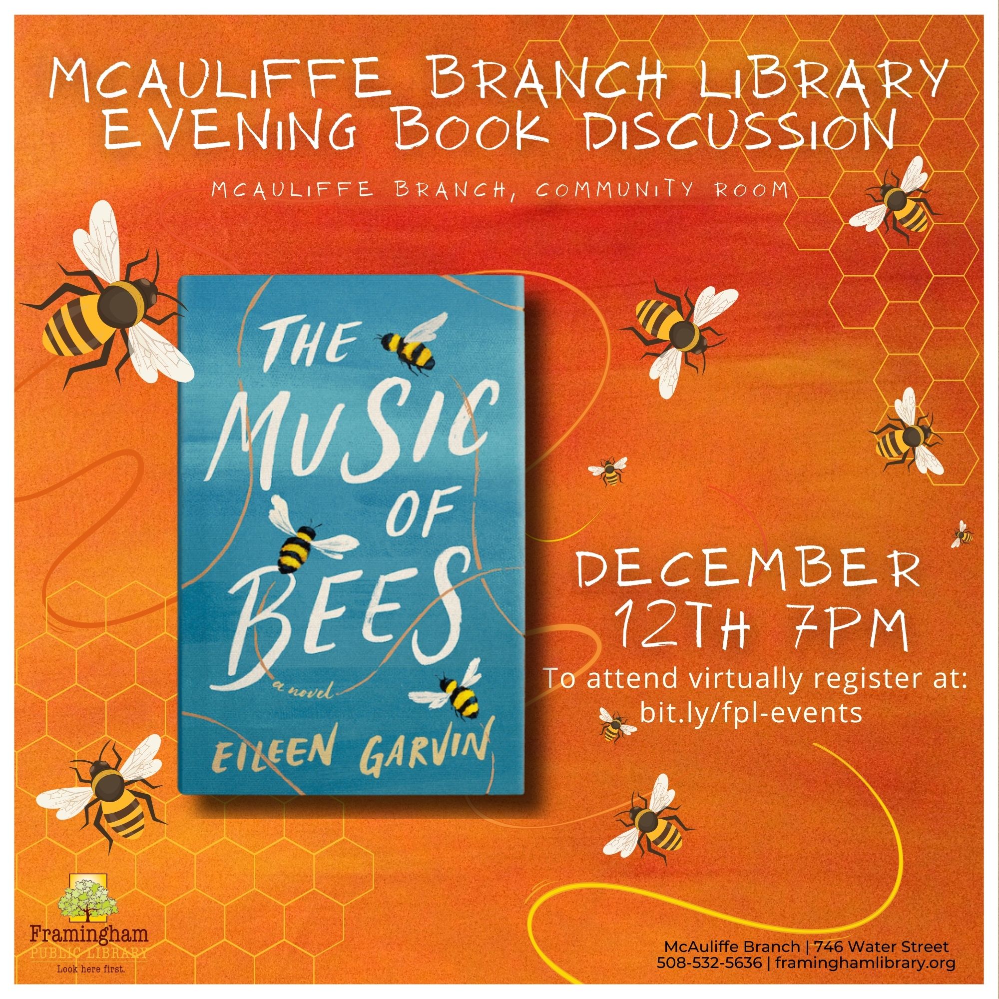 McAuliffe Evening Book Club: “Music of Bees” by Eileen Garvin thumbnail Photo