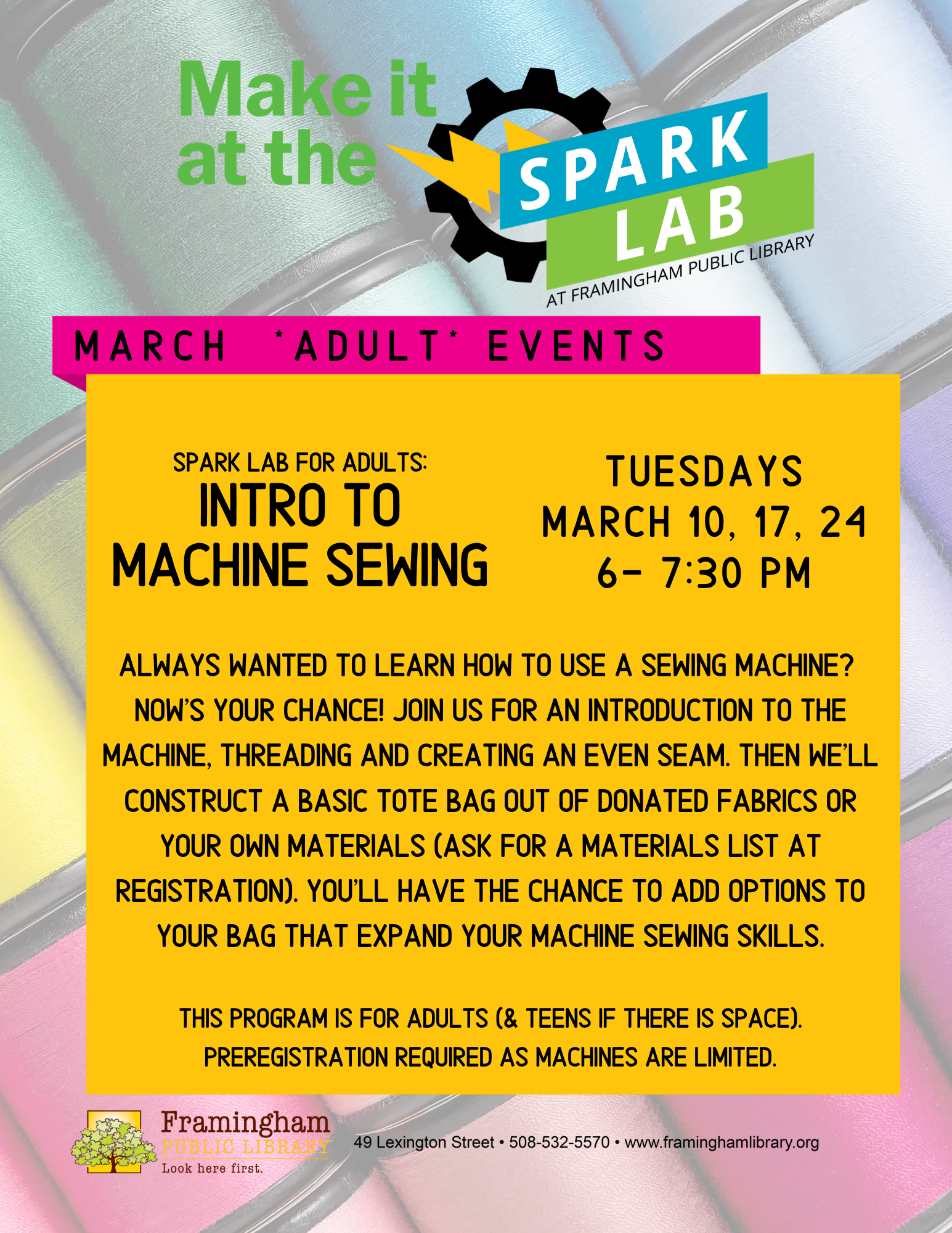 SparkLab for Adults: Intro to Machine Sewing thumbnail Photo
