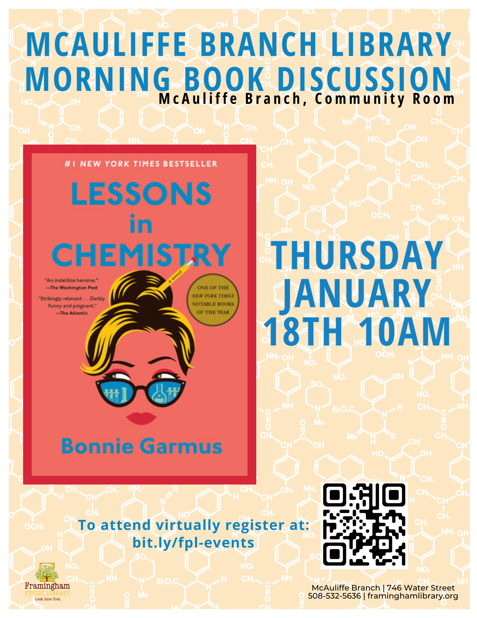 McAuliffe Morning Book Discussion: “Lessons in Chemistry” by Bonnie Garmus thumbnail Photo