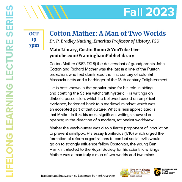 Lifelong Learning Lecture Series: Cotton Mather: A Man of Two Worlds thumbnail Photo