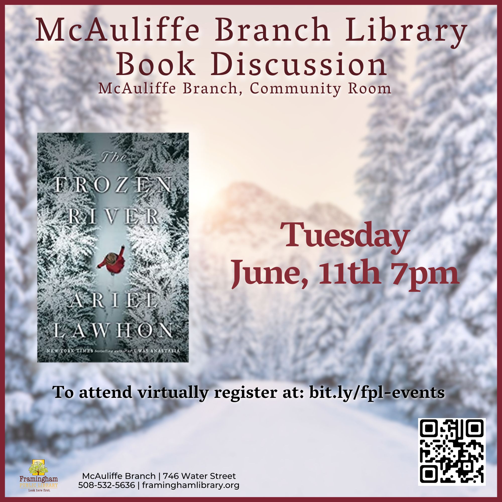 McAuliffe Evening Book Club: The Frozen River by Ariel Lawhon thumbnail Photo
