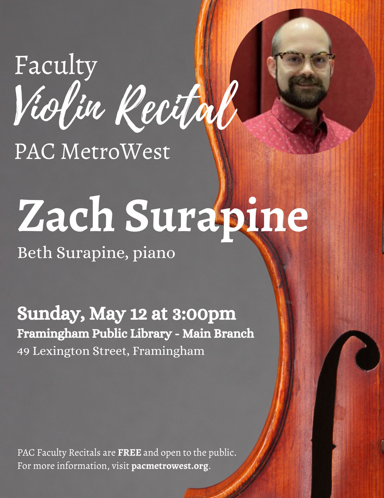Performing Arts Center of MetroWest Faculty Recital: Zachary Surapine, Violin thumbnail Photo