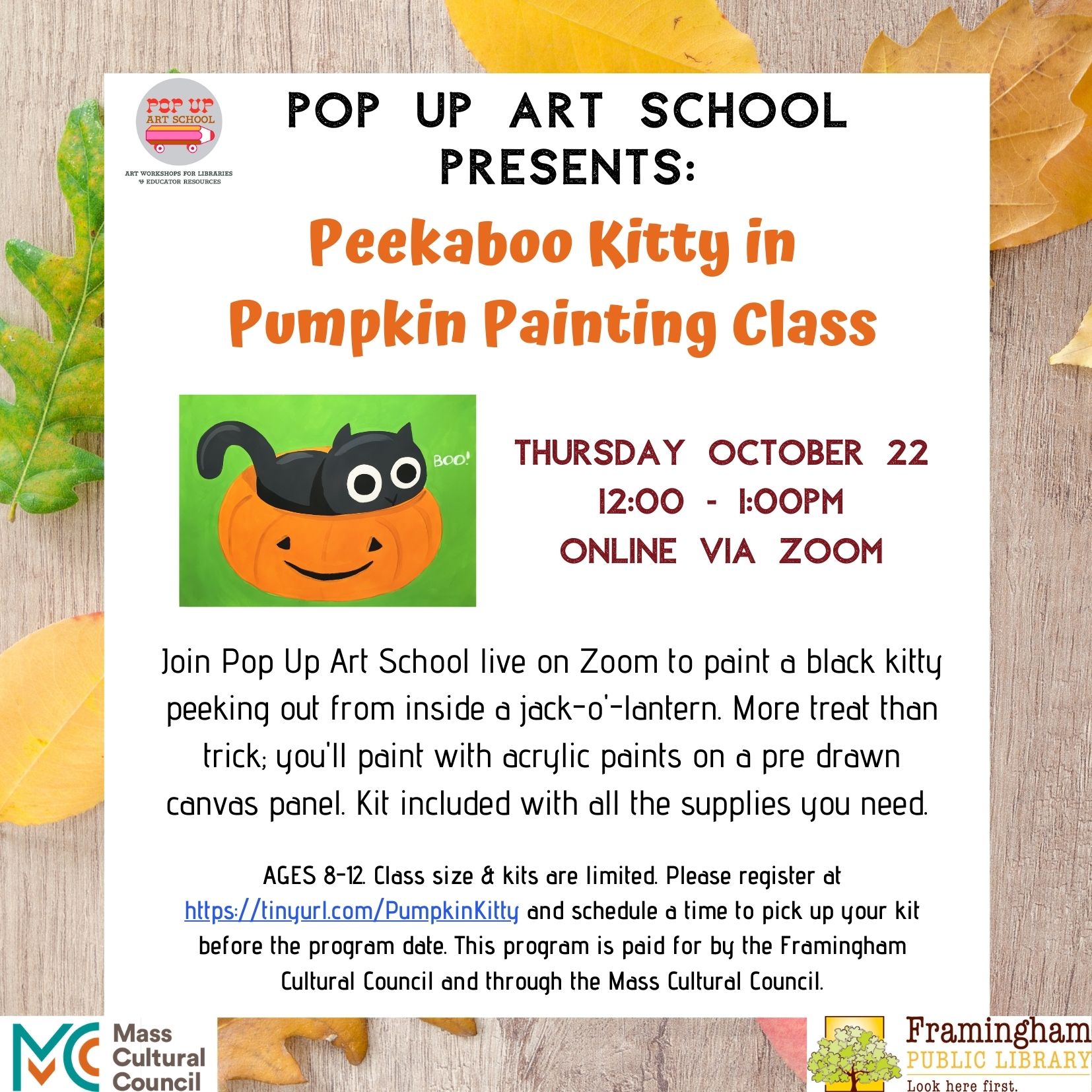 ALL KITS RESERVED: Pop Up Art Presents: Peekaboo Kitty in Pumpkin Painting Class thumbnail Photo