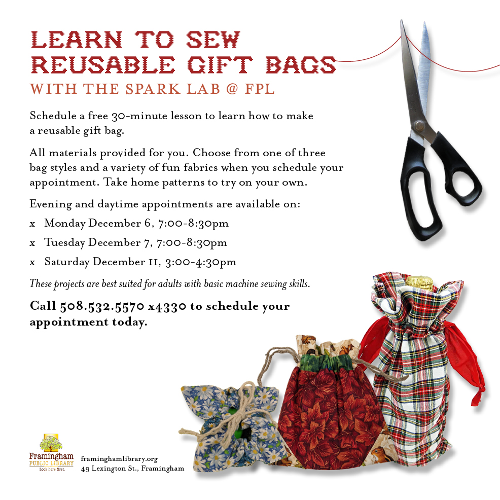 Learn to sew reusable gift bags with the Spark Lab @ FPL thumbnail Photo