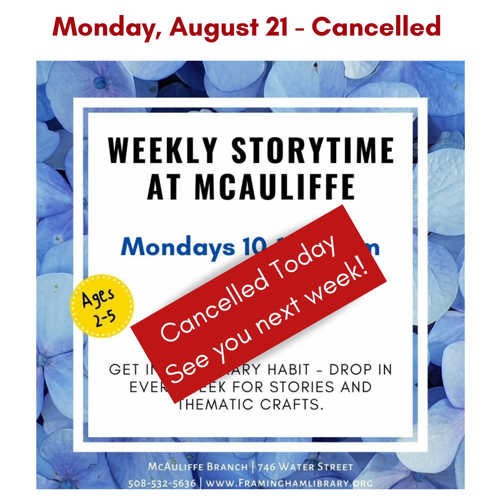 Monday Storytime at McAuliffe - Cancelled for August 21 thumbnail Photo
