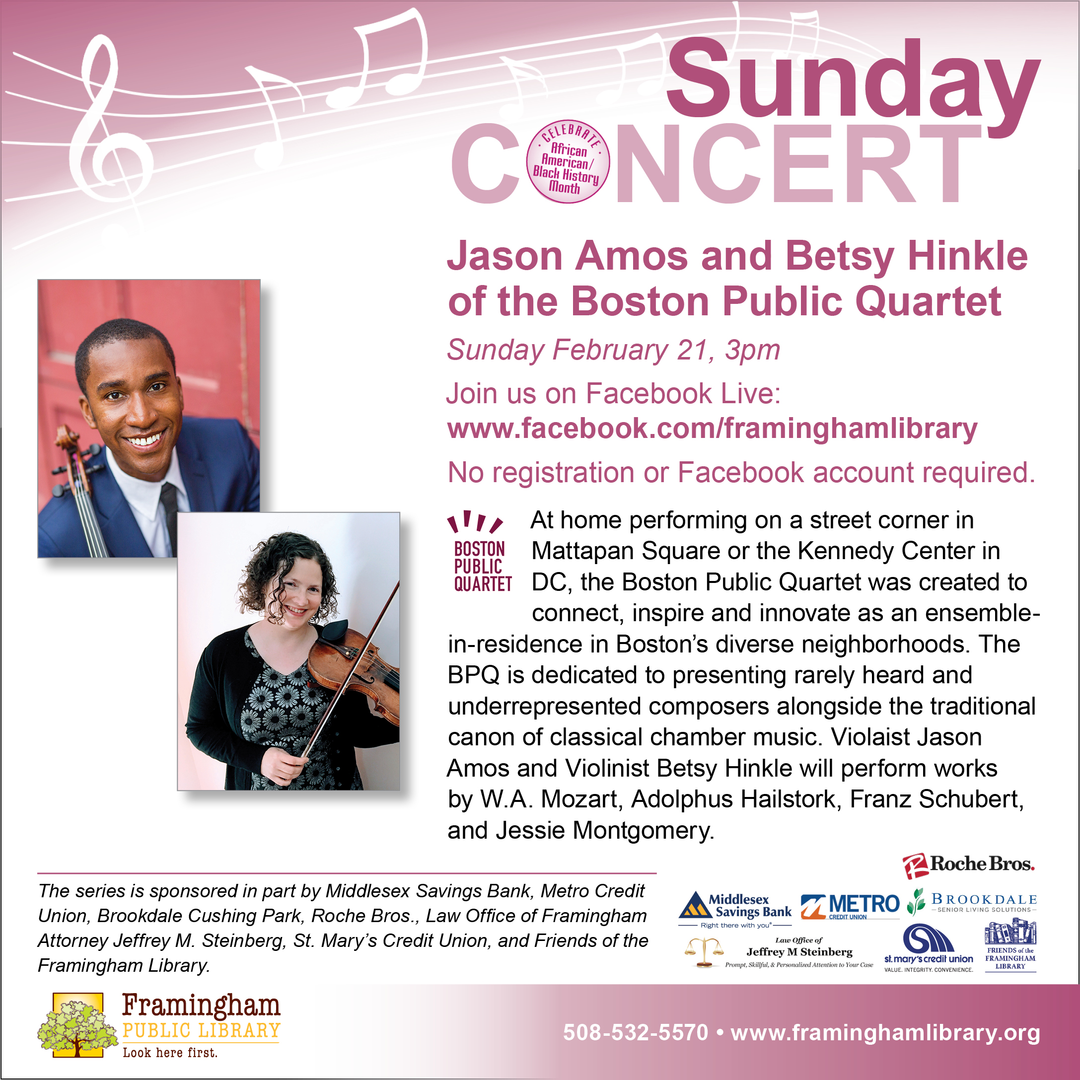 Sunday Concert: Jason Amos and Betsy Hinkle of the Boston Public Quartet thumbnail Photo