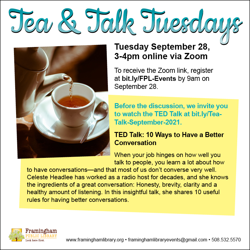 Tea & Talk Tuesdays: TED Talk: 10 Ways to Have a Better Conversation thumbnail Photo