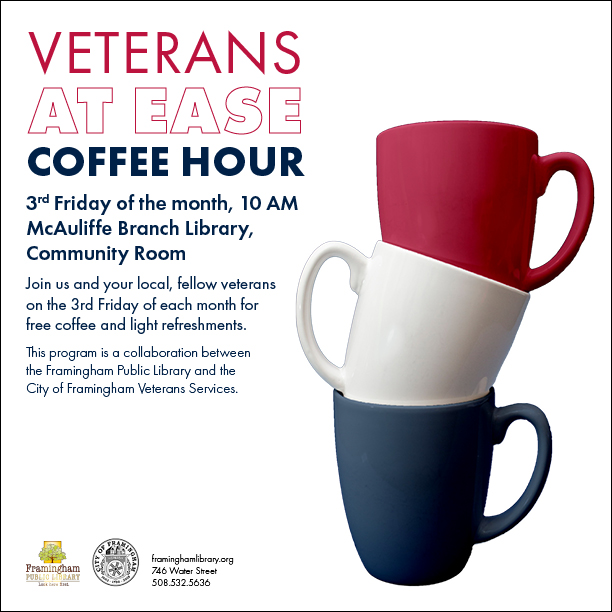 **CANCELED** Veterans At Ease Coffee Hour: McAuliffe Branch, Community Room thumbnail Photo