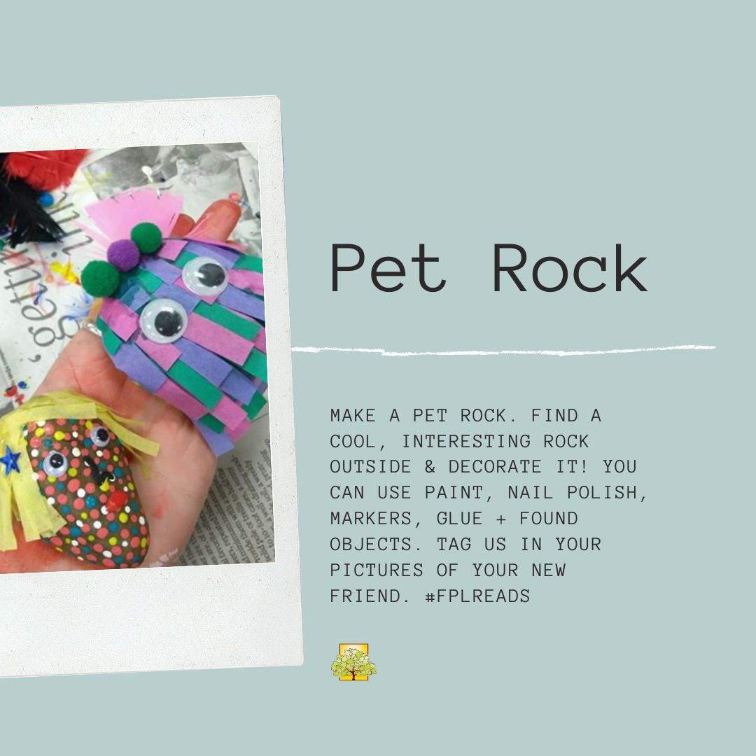 Text on image reads Pet rock. Make a pet rock. FInd a cool and interesting rock outside and decorate it! You can use paint, nail polish, markers, glue, and found objects. Tag us in your pictures of your new friend at #fplreads.