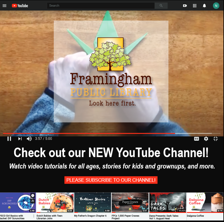 Screenshot of Framingham Public Library YouTube channel