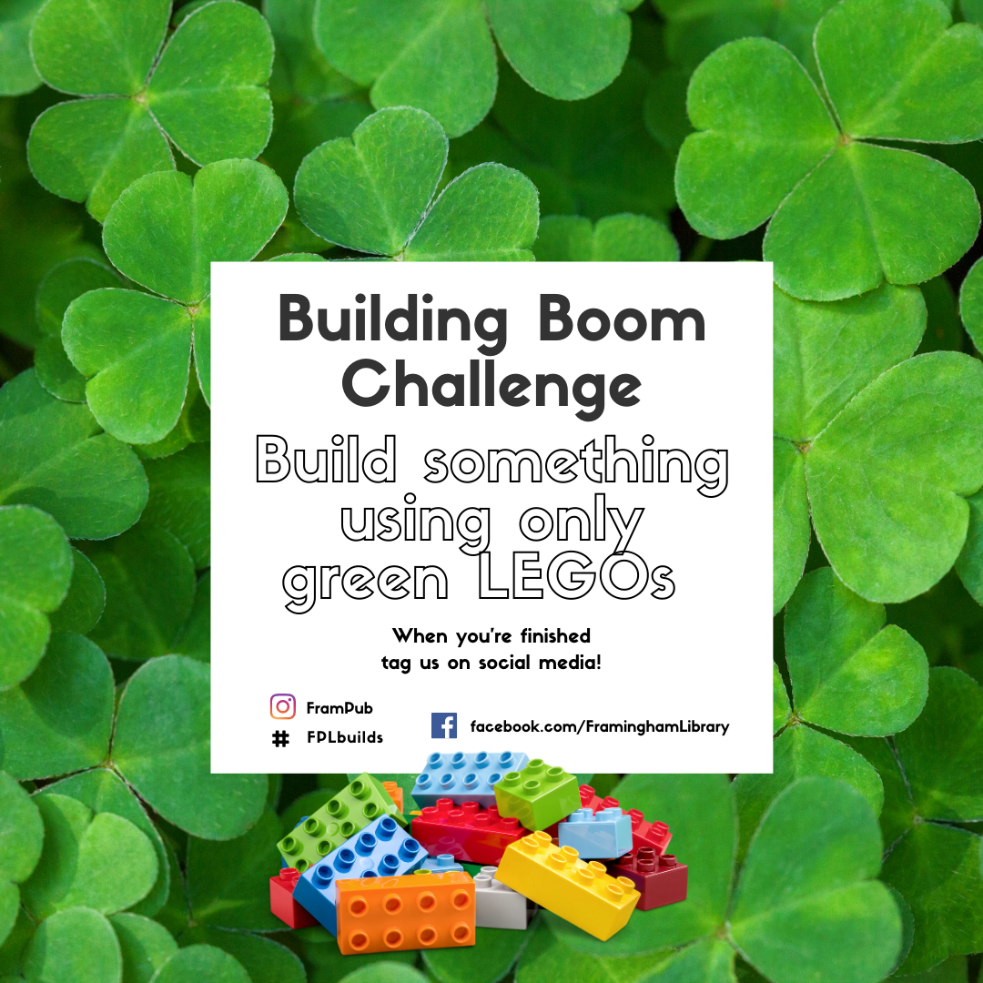 Building Boom Challenge: Build something using only green LEGOs. When you are finished, tag us on social media at #frampub #fplreads