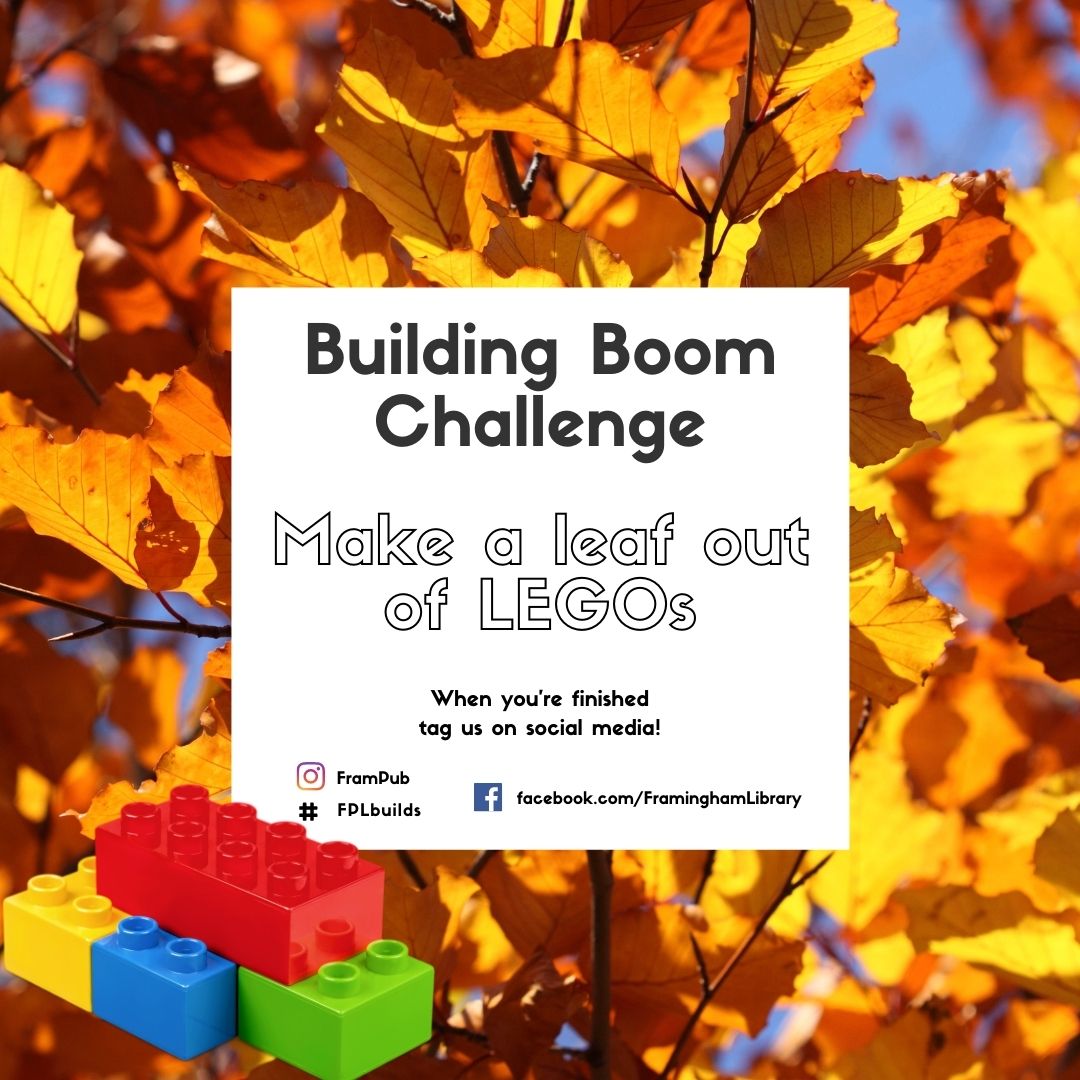 Building Boom Challenge: Make a leaf out of legos. When you are finished, tag us on social media at #frampub #fplreads