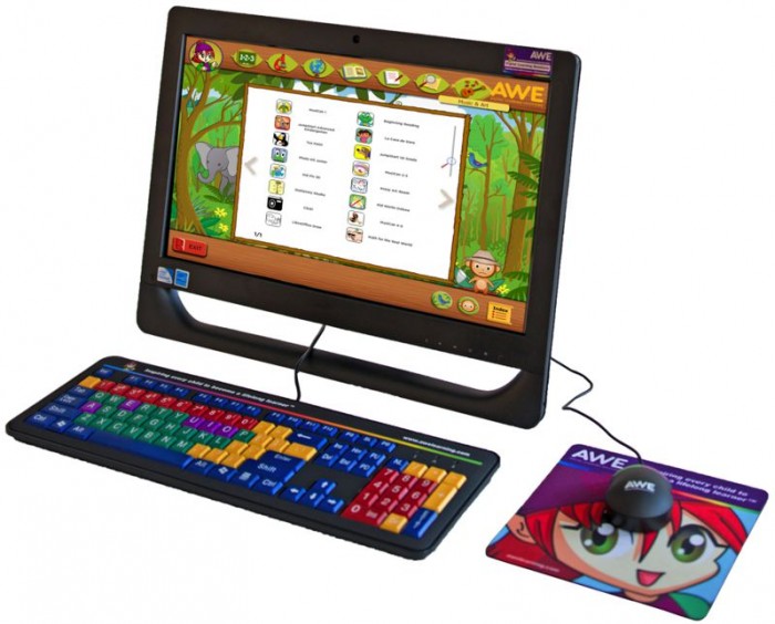 Black computer with multicolored keyboard and mouse with jungle game showing on screen.