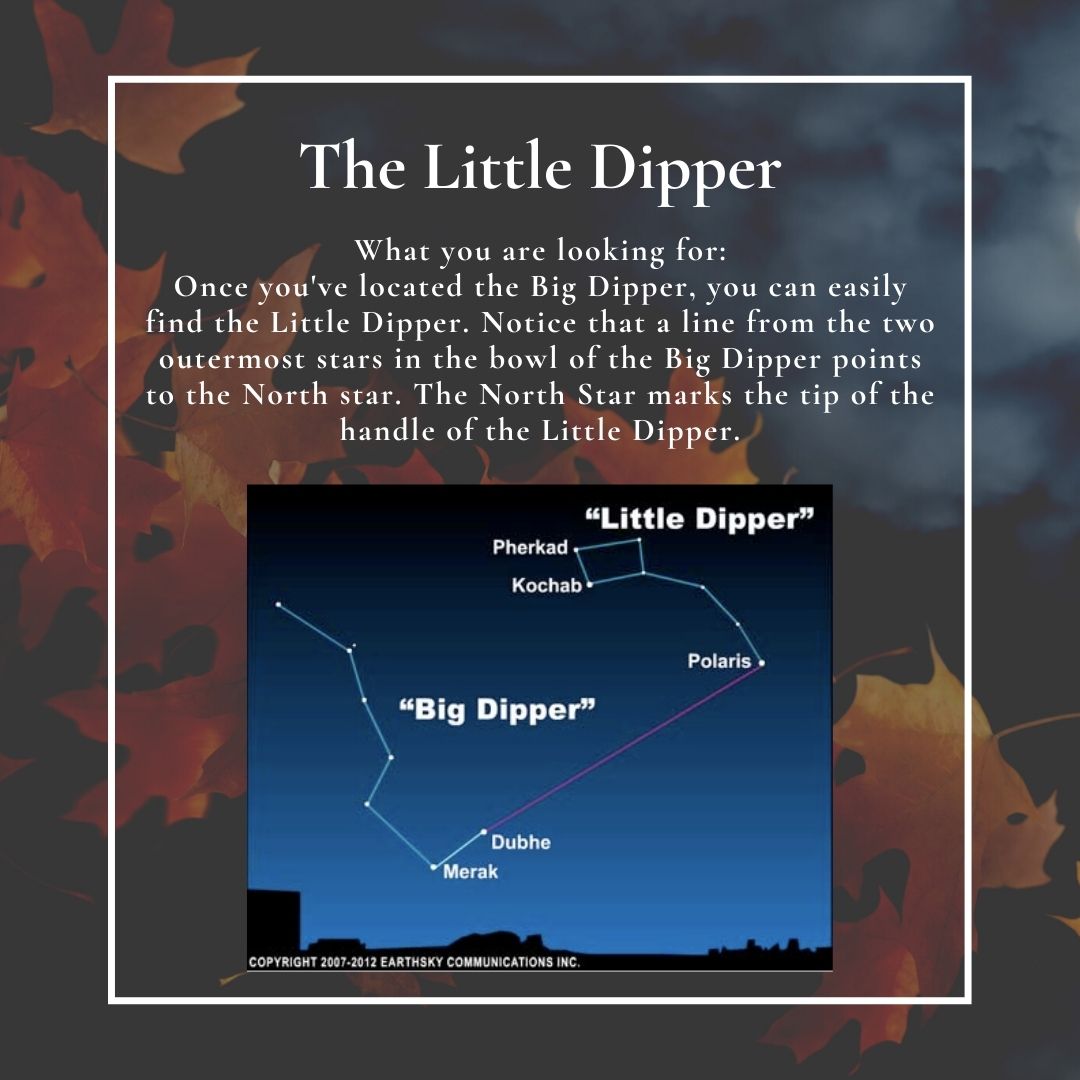 Go Outside Nighttime challenge. The Little Dipper. What you are looking for: Once you've located the big dipper, you can easily find the little dipper. Notice that a line from the two outermost stars in the bowl of the big dipper points to the North star. The North Star marks the tip of the handle of the little dipper.