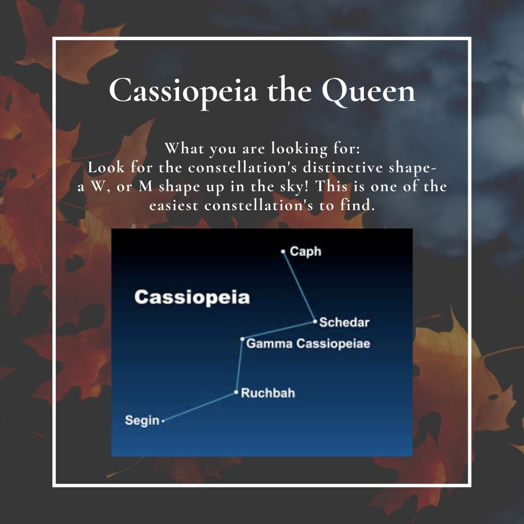 Go Outside nighttime challenge: Cassiopeia the queen. What you are looking for: Look for the constellation's distinctive shape- a w or m shape up in the sky! This is one of the easiest constellations to find.