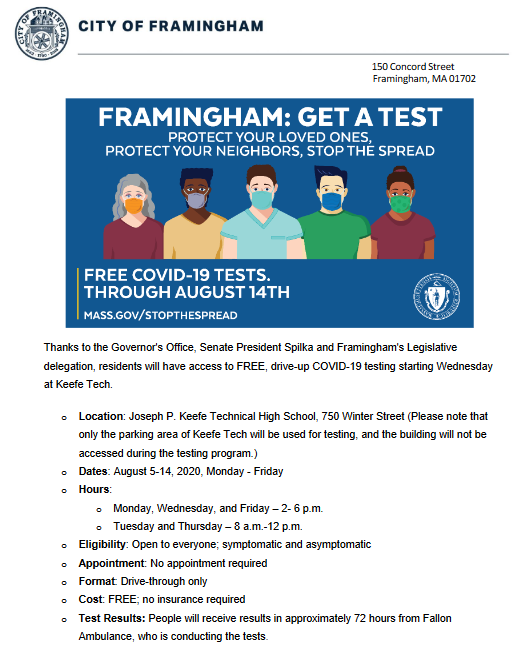Framingham: Get a Test, Free COVID-19 TESTS