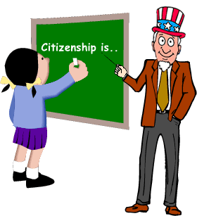 cartoon of student writing Citizenship is... on board with Uncle Sam as the teacher